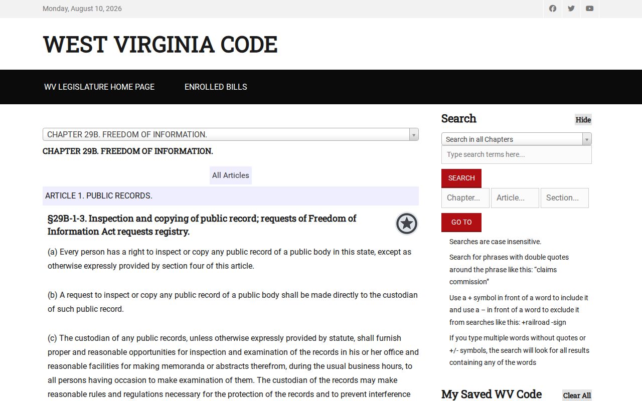 West Virginia FOIA rule for Gilmer County arrest history requests