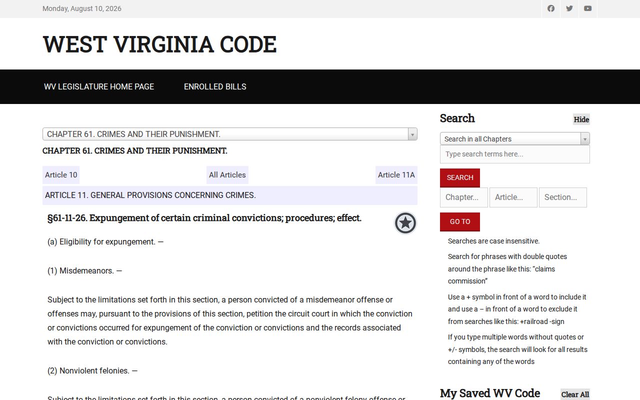 Gilmer County criminal history West Virginia conviction expungement law